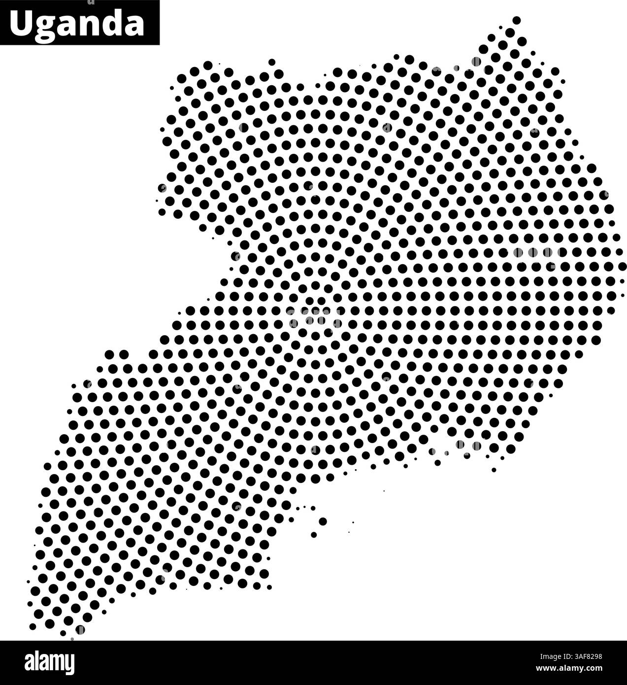 Una mappa dell'Uganda illustrata con un motivo tratteggiato, che mostra il profilo geografico e la forma distintiva del paese. Illustrazione Vettoriale