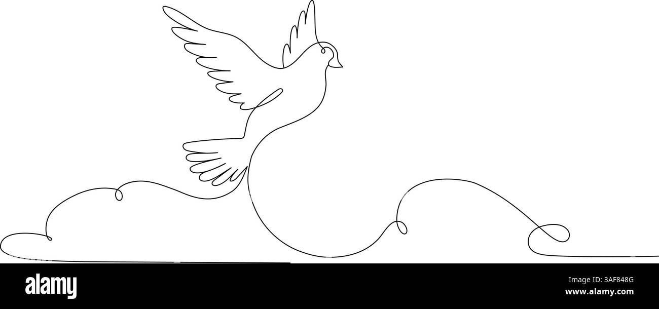 Flying dove in Clouds. Una linea continua. Pigeon Bird Symbol of Peace and Freedom, Pentecoste. Disegno lineare semplice. Illustrazione vettoriale. Disegnato a mano Illustrazione Vettoriale