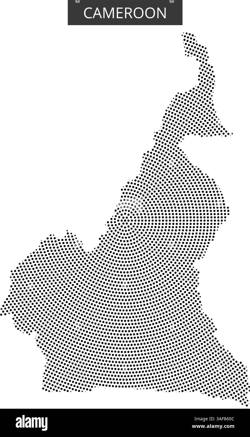Una mappa del Camerun delineata in punti mette in evidenza le sue caratteristiche geografiche uniche e i suoi confini regionali. Illustrazione Vettoriale