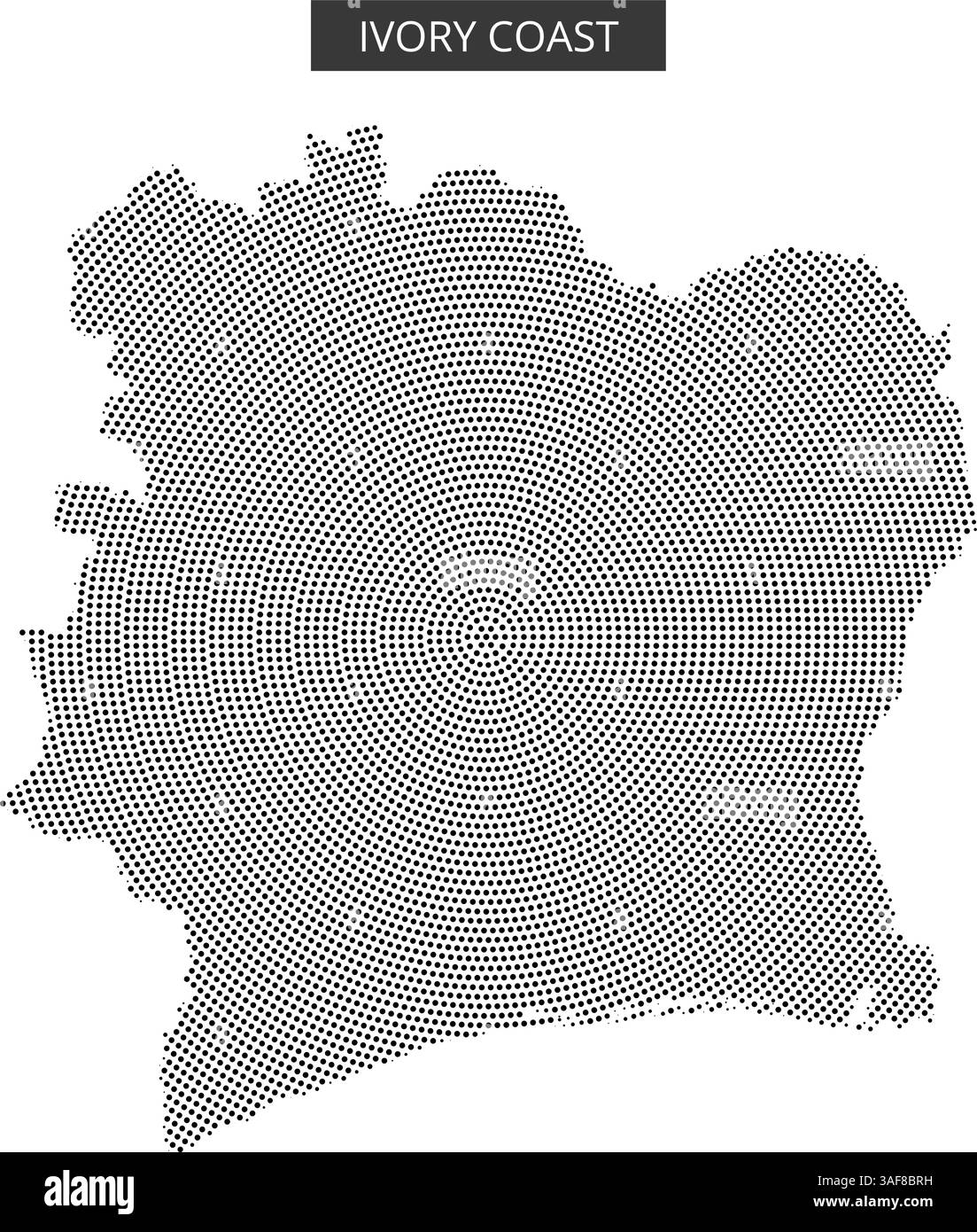 Una rappresentazione testurizzata del profilo geografico della Costa d'Avorio, evidenziandone la forma e la topografia uniche. Illustrazione Vettoriale