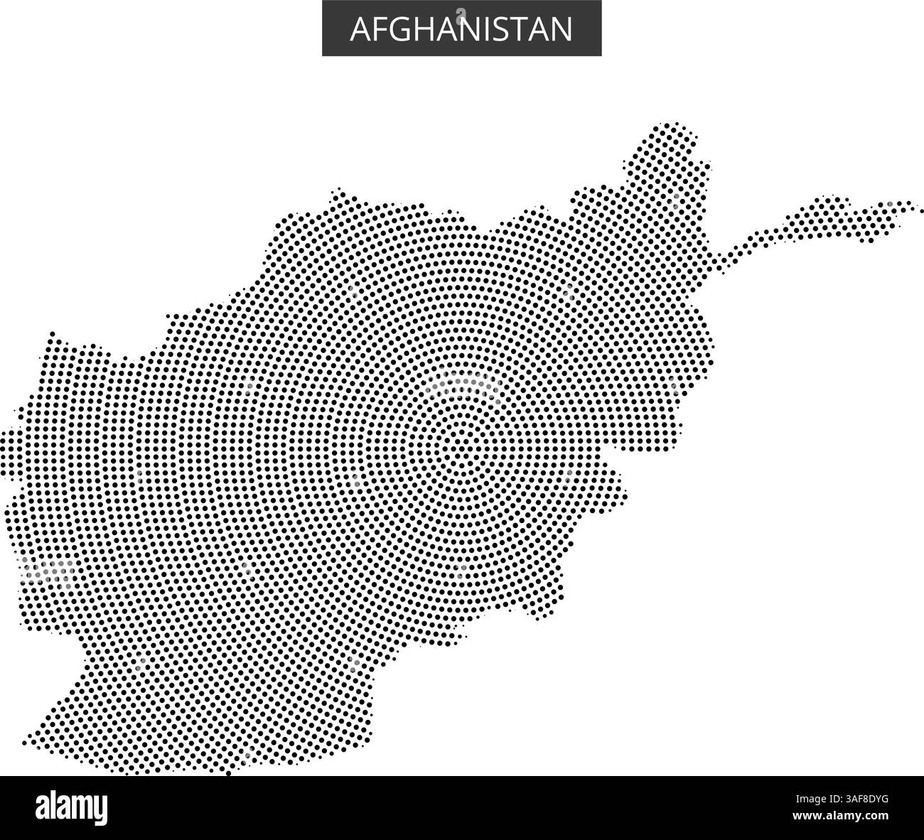Una mappa dell'Afghanistan è raffigurata utilizzando un modello a punti, che mostra i contorni geografici e i paesi vicini, sottolineando la sua forma e posizione uniche. Illustrazione Vettoriale