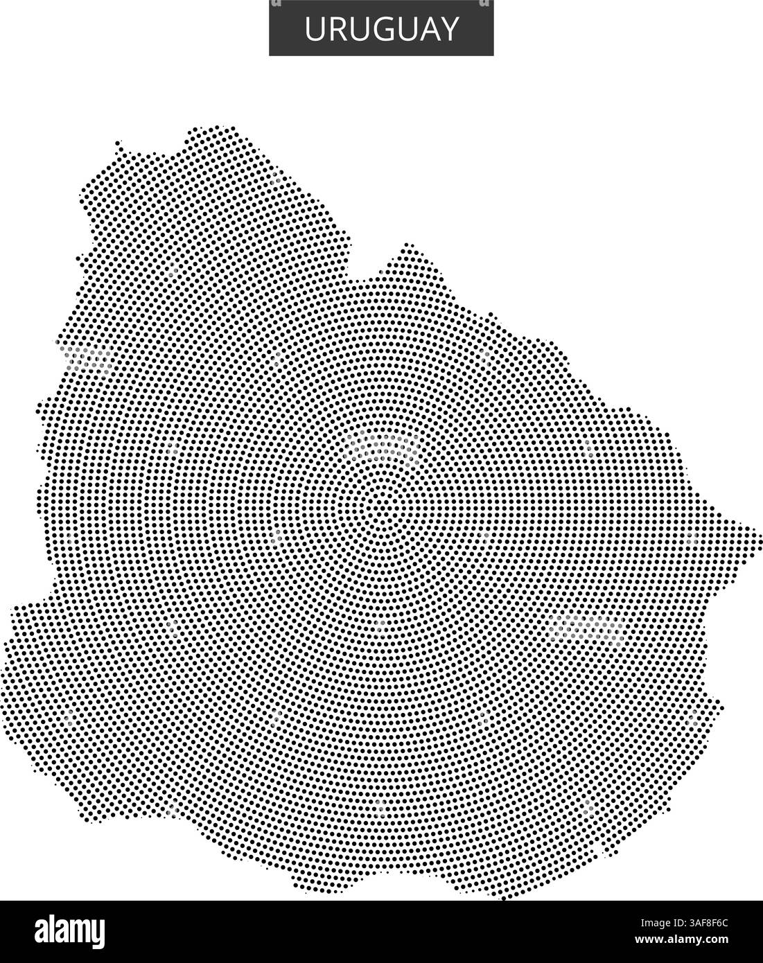 Una rappresentazione artistica del contorno della mappa uruguaiana, che mette in evidenza le caratteristiche geografiche con intricati schemi di punti e trame. Illustrazione Vettoriale