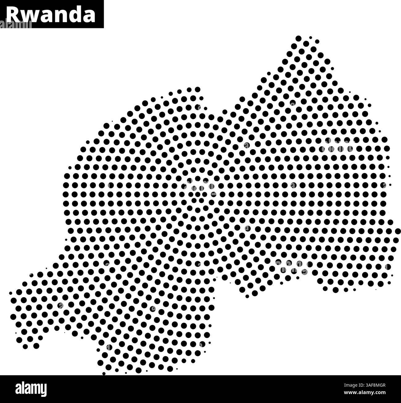 La rappresentazione in stile dot del Ruanda mostra la sua geografia, enfatizzando le forme di terra e i confini per scopi educativi. Illustrazione Vettoriale