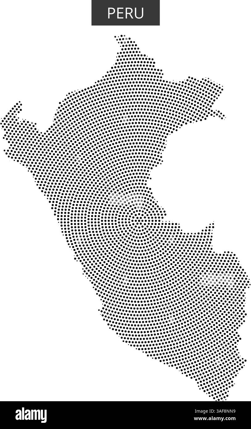Una rappresentazione a punti unica del Perù ne delinea la forma geografica, mostrando le caratteristiche distintive del paese sulla mappa. Illustrazione Vettoriale