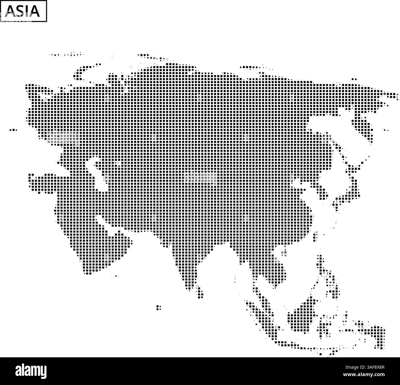 Una mappa a punti delinea i confini geografici dell'Asia, evidenziando regioni e paesi diversi. Illustrazione Vettoriale
