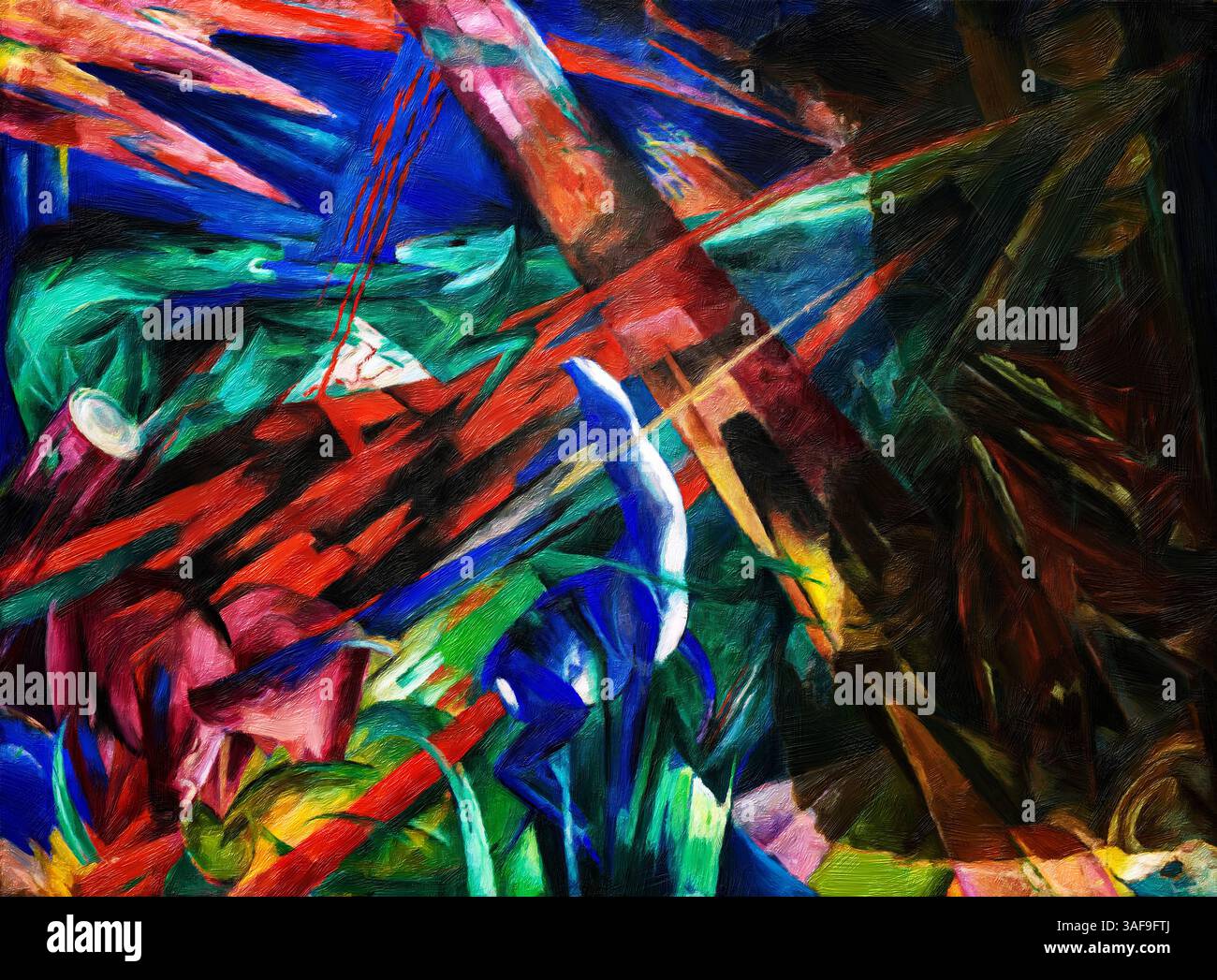 Destini animali (gli alberi mostravano i loro anelli, gli animali le loro vene) (1913) dipinto in alta risoluzione di Franz Marc. Una tela espressiva che scoppia W. Foto Stock