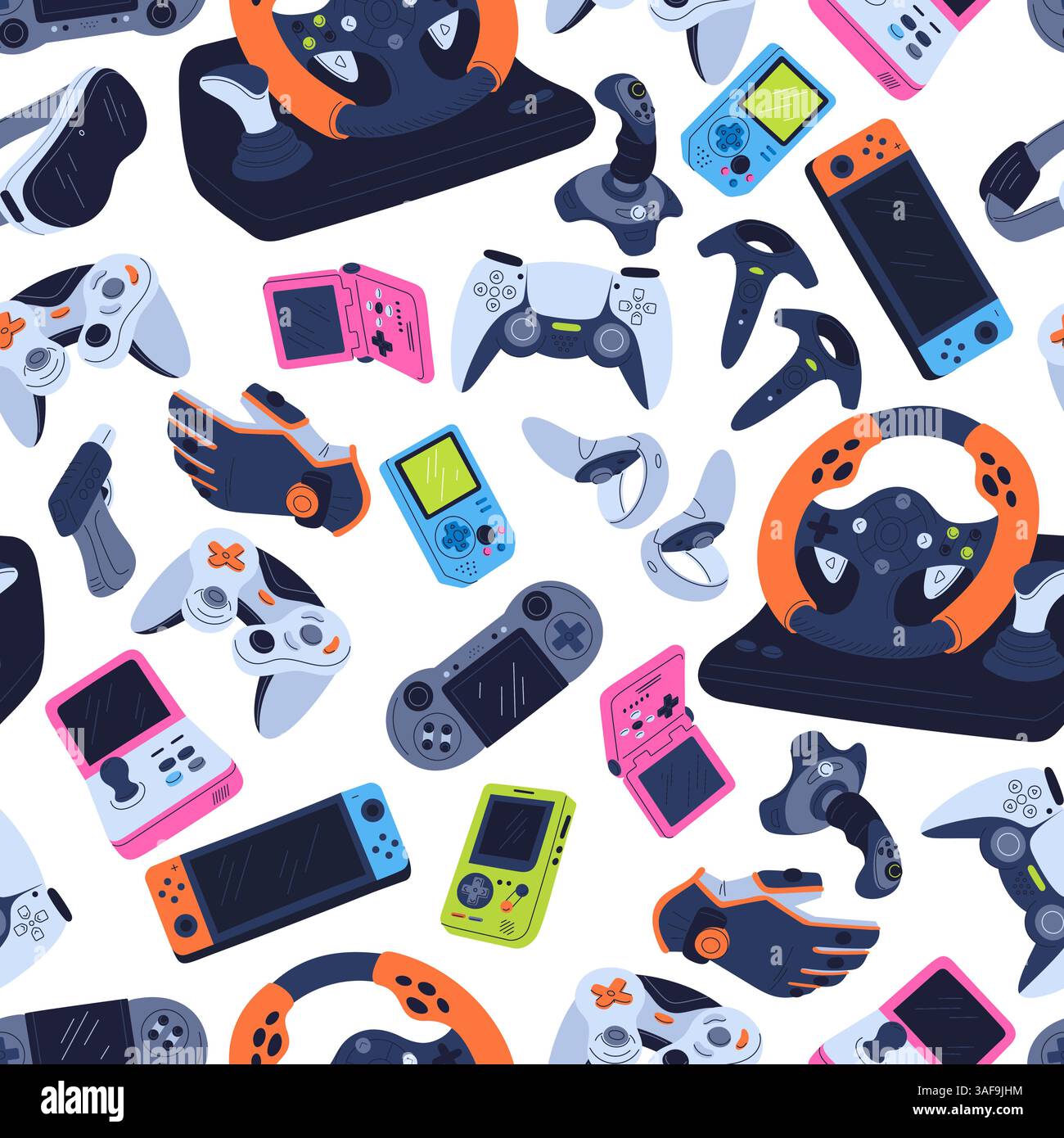 Console di gioco e joystick con motivo senza cuciture. Controller per videogiochi. Gadget per giocatori. Volante. Stampa ripetuta. Gamepad Cybersport. Arcade jo Illustrazione Vettoriale