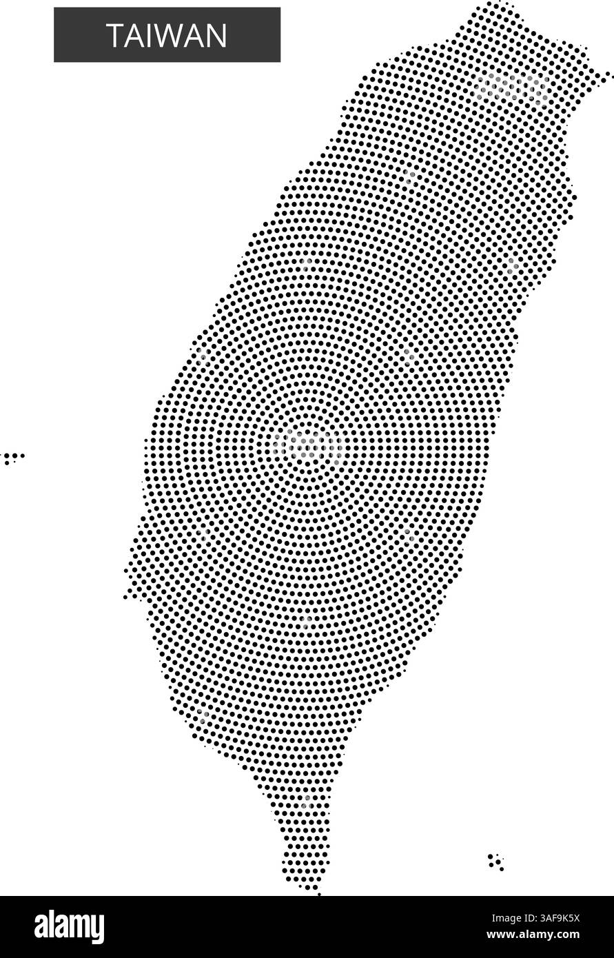 Una rappresentazione tratteggiata della forma geografica di Taiwan, enfatizzando il suo profilo unico su uno sfondo semplice. Illustrazione Vettoriale