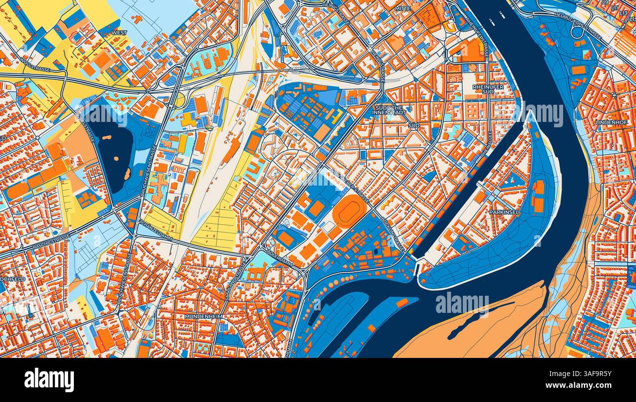 Mappa artistica colorata di Ludwigshafen am Rhein con etichette ed edifici con molti dettagli per strade, sentieri e strade urbane. Foto Stock