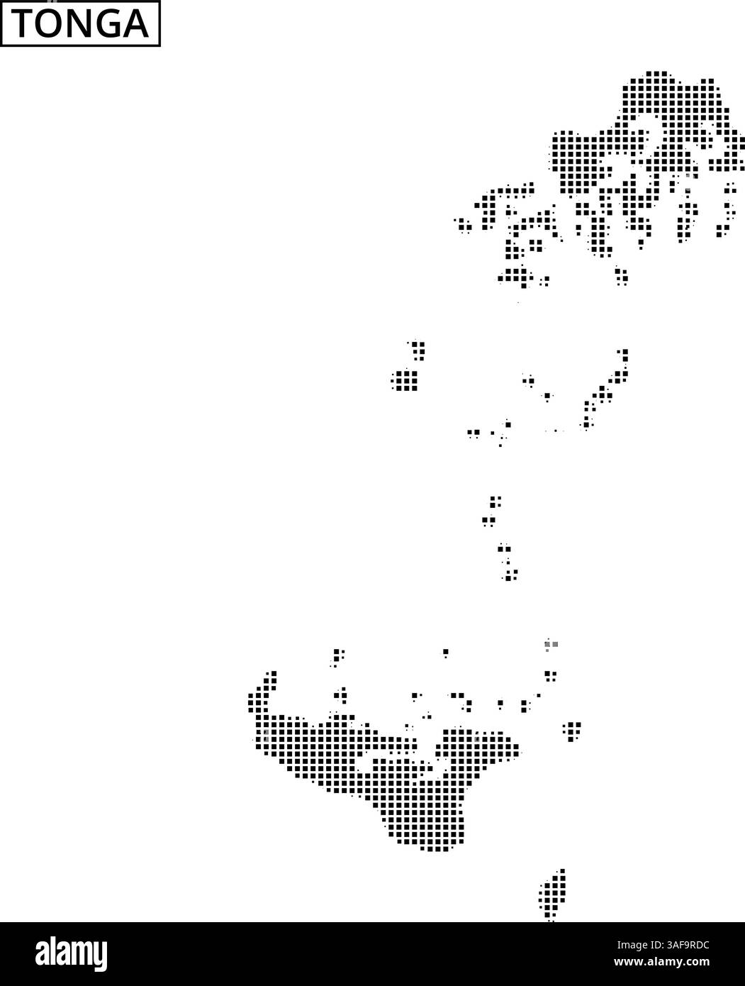Un dettagliato schema a punti delinea le isole di Tonga, sottolineando la sua particolare geografia e disposizione nell'Oceano Pacifico meridionale. Illustrazione Vettoriale