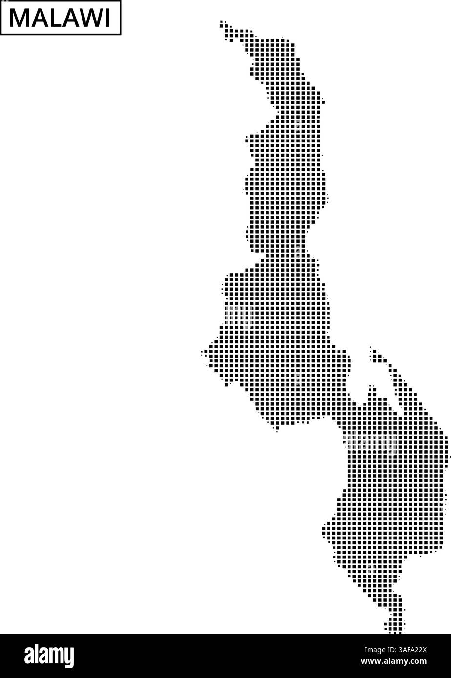 Con una rappresentazione tratteggiata del Malawi, questa mappa delinea i suoi confini geografici e le caratteristiche del lago. Illustrazione Vettoriale