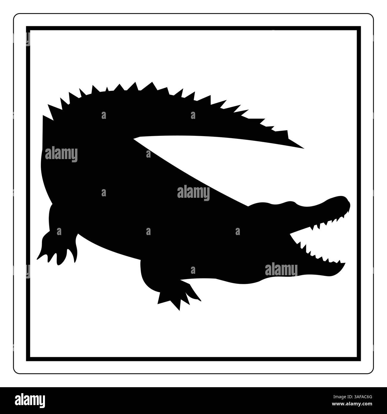 Silhouette nera di un coccodrillo con denti affilati e profilo distinto della coda in una cornice quadrata Illustrazione Vettoriale