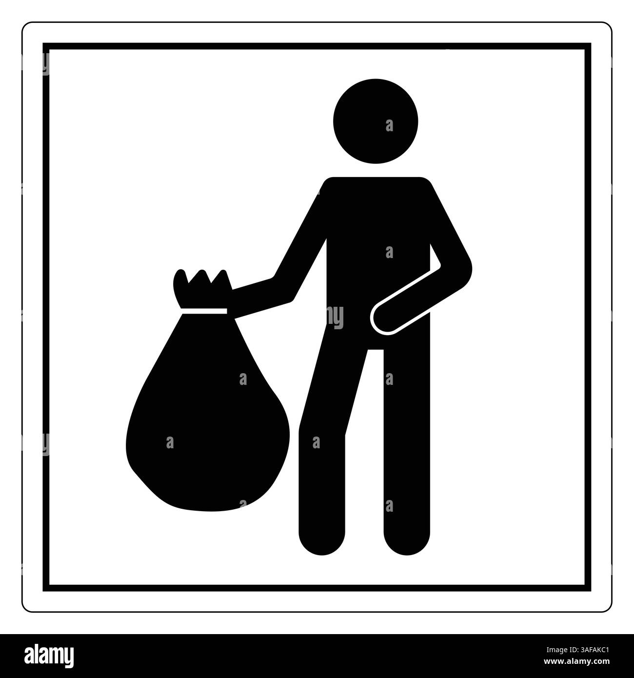 Sagoma nera di una persona che tiene in mano un sacchetto della spazzatura in un cartello quadrato, che rappresenta la gestione dei rifiuti e la pulizia Illustrazione Vettoriale