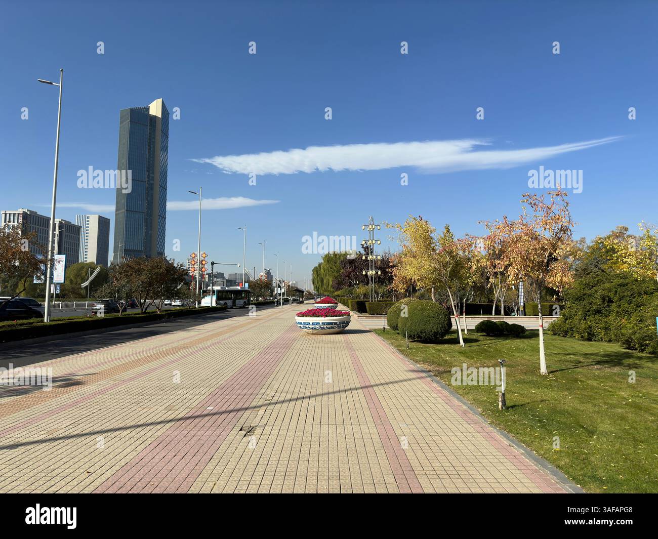 Un paesaggio urbano moderno con un grattacielo, una strada e alberi autunnali sotto un cielo limpido. Foto Stock