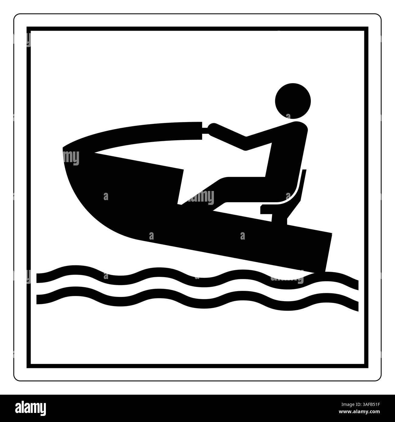 Icona minimalista in bianco e nero di una persona in una piccola barca sulla superficie dell'acqua con linee ondulate Illustrazione Vettoriale