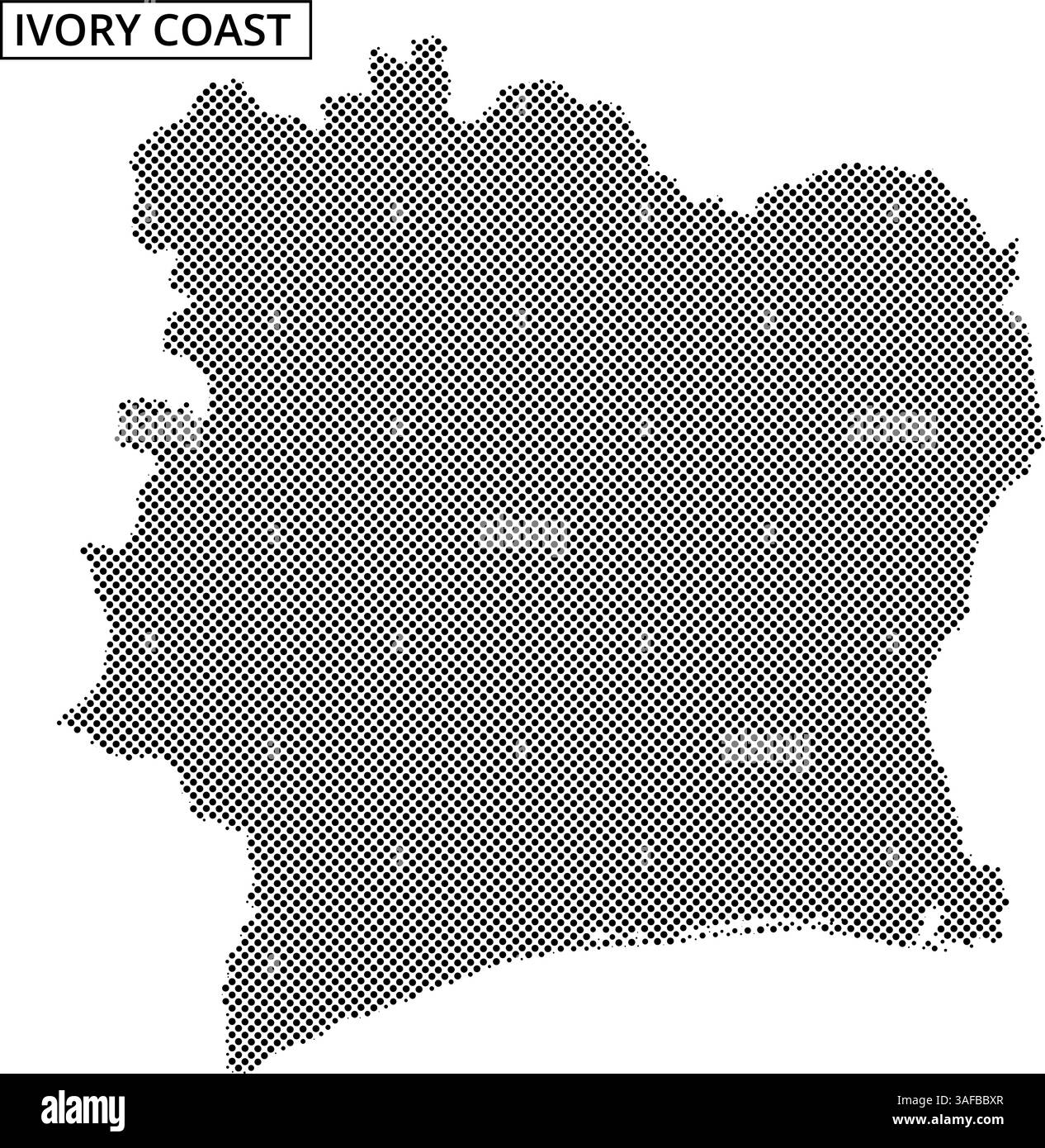 Una rappresentazione testurizzata del profilo geografico della Costa d'Avorio, evidenziandone la forma e la topografia uniche. Illustrazione Vettoriale