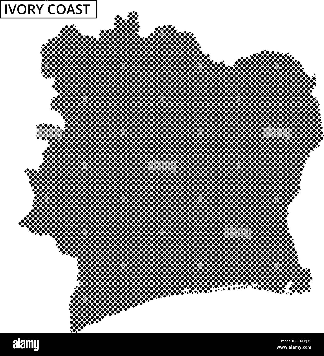 Una rappresentazione testurizzata del profilo geografico della Costa d'Avorio, evidenziandone la forma e la topografia uniche. Illustrazione Vettoriale