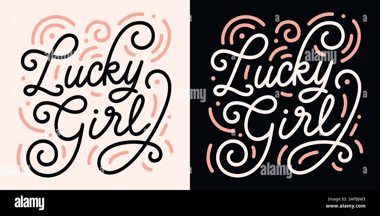Lucky girl sindrome lettering manifestazione citazioni per fortuna manifestando soldi prosperità affermano il disegno di camicia estetico rosa nero adesivo. Illustrazione Vettoriale