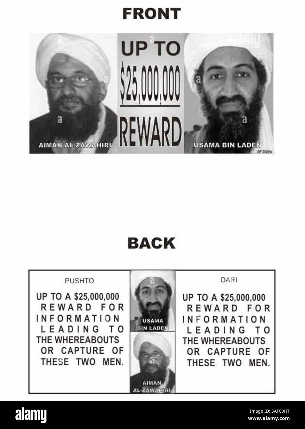 29 novembre 2001; Washington, DC, USA; le forze armate statunitensi sperano che gli afghani che cercano una ricompensa di 25 milioni di dollari, si insinuino nelle grotte a caccia di leader terroristici di al-Qaida, tra cui OSAMA BIN LADEN, in alto a destra. La generosità offerta per bin Laden, AYMAN AL-ZAWAHRI, in alto a sinistra, il tenente di bin Laden e altri aiutanti di alto livello, oltre a ricompense aggiuntive da parte della CIA, dovrebbe incoraggiare la ricerca del Segretario alla difesa Donald H. Rumsfeld ha detto lunedì 19 novembre 2001. Per diffondere la notizia della ricompensa di 25 milioni di dollari per aver ottenuto bin Laden, l'esercito americano sta rilasciando volantini in lingua locale sull'Afghanistan. (Immagine credito: Foto Stock