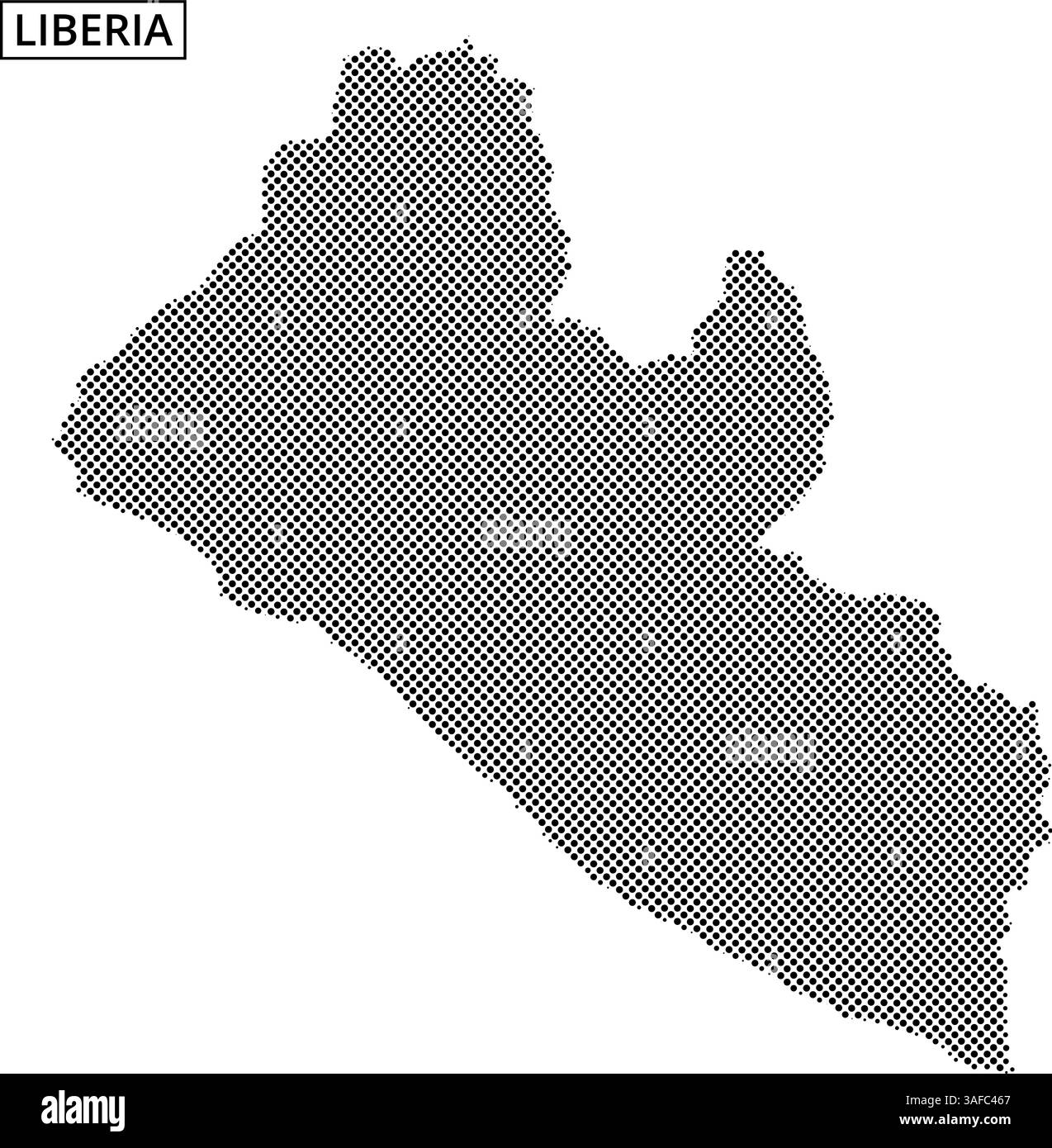Un'illustrazione a punti delinea la mappa della Liberia, sottolineandone le caratteristiche geografiche e la forma. Illustrazione Vettoriale