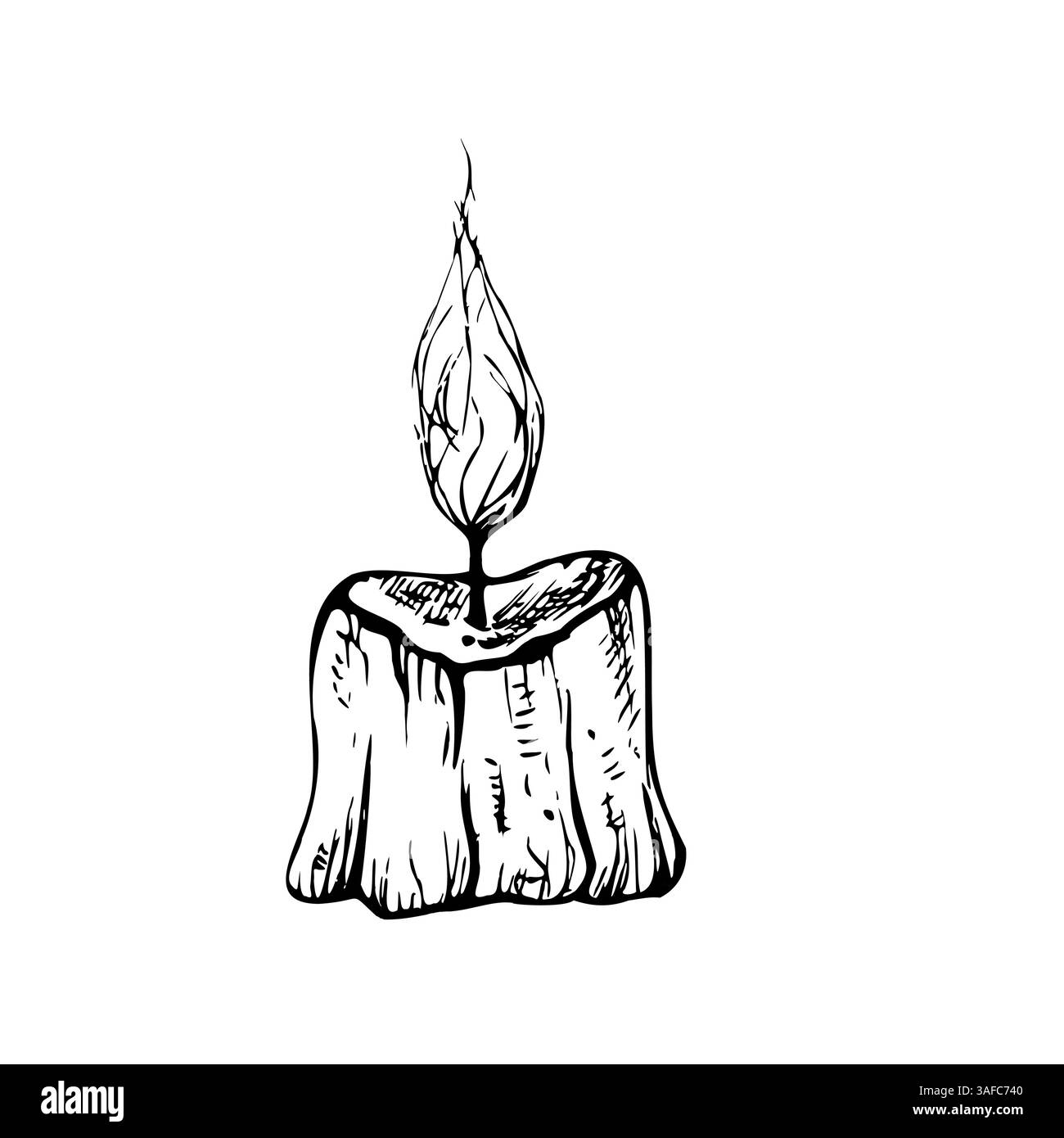 Candela vettoriale con stoppino e cera. Stile di illustrazione lineare a lume di candela dipinto a mano per il Natale o il compleanno. Schizzo monocromatico grafico Illustrazione Vettoriale
