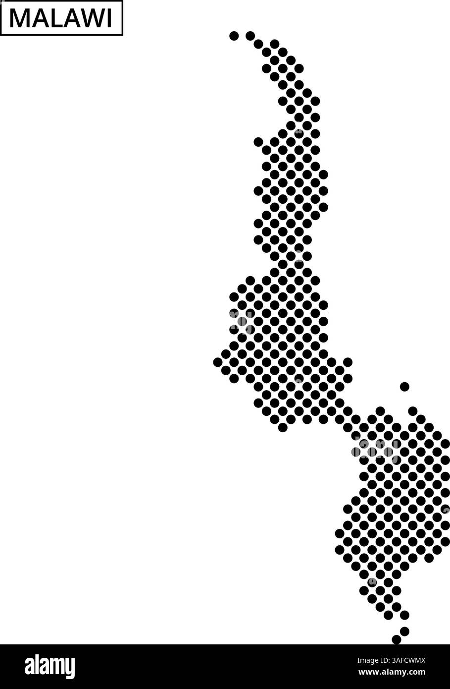 Con una rappresentazione tratteggiata del Malawi, questa mappa delinea i suoi confini geografici e le caratteristiche del lago. Illustrazione Vettoriale