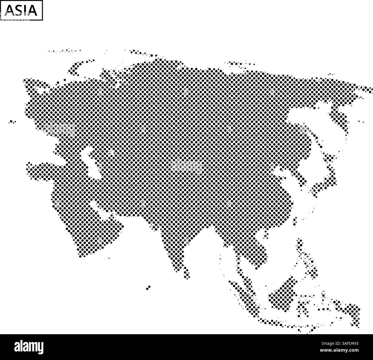 Una mappa a punti delinea i confini geografici dell'Asia, evidenziando regioni e paesi diversi. Illustrazione Vettoriale