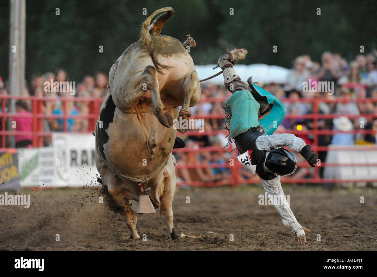2012 JUL 07: Il Bull rider Dalton Sonenstahl di Big Lake, MN, viene colpito dal toro chiamato Velvet Sports Coat durante la gara di toro del PRCA Isanti Firefighters Rodeo di Isanti, MN (Credit Image: © Josh Holmberg/Cal Sport Media/ZUMAPRESS.com) Foto Stock