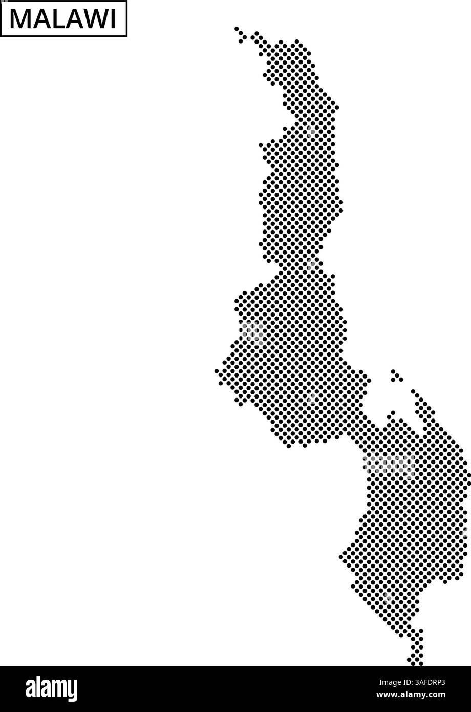 Con una rappresentazione tratteggiata del Malawi, questa mappa delinea i suoi confini geografici e le caratteristiche del lago. Illustrazione Vettoriale