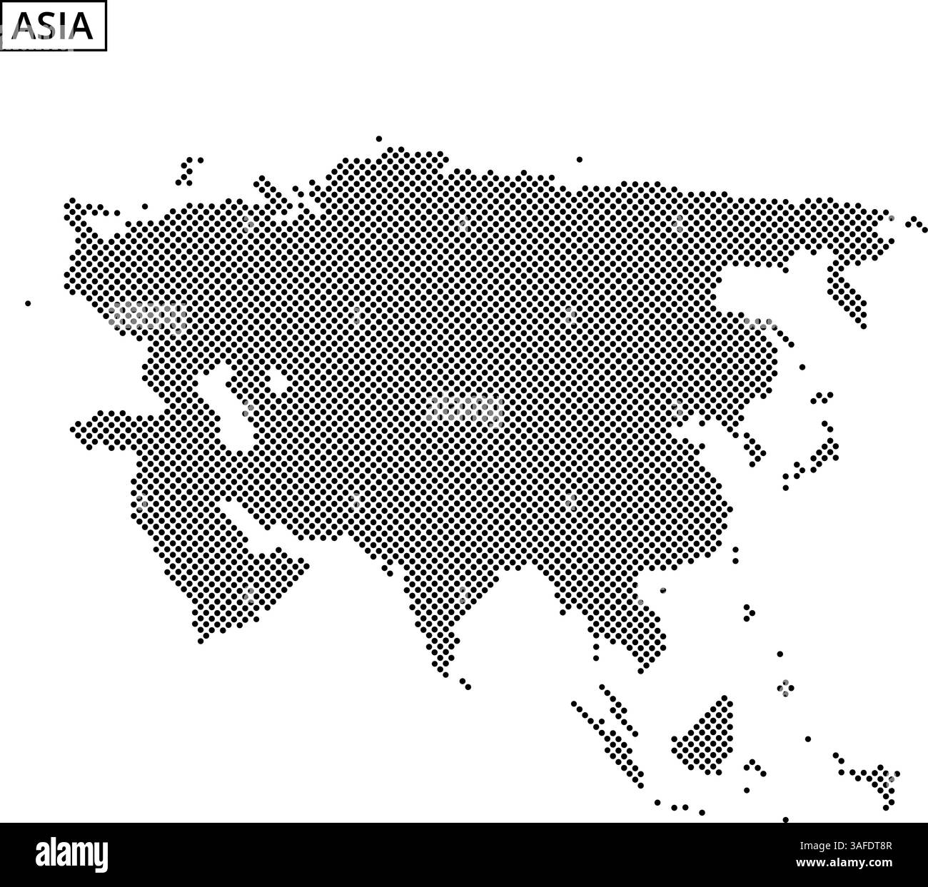 Una mappa a punti delinea i confini geografici dell'Asia, evidenziando regioni e paesi diversi. Illustrazione Vettoriale