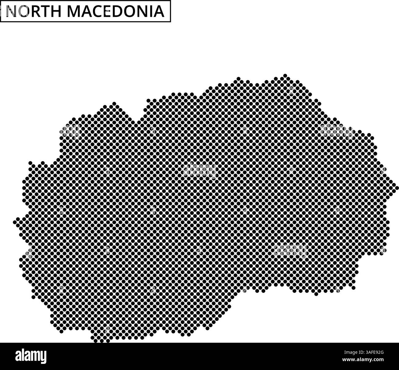 Rappresentazione dettagliata della Macedonia del Nord che mostra la sua forma e le aree circostanti, con drammatici motivi a punti che enfatizzano le regioni chiave. Illustrazione Vettoriale