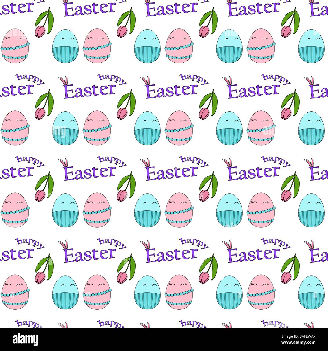 Colorato motivo senza cuciture con personaggi antropomorfi pastello - uova di Pasqua decorate in coppia, tulipani e - buona Pasqua - testo. Illustrazione Vettoriale