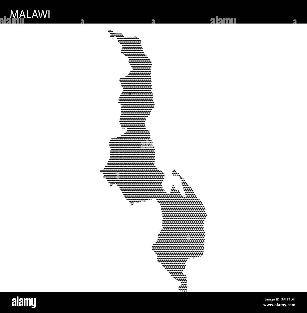 Con una rappresentazione tratteggiata del Malawi, questa mappa delinea i suoi confini geografici e le caratteristiche del lago. Illustrazione Vettoriale