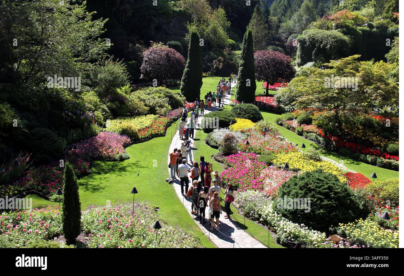 I BUTCHART GARDENS di Victoria, British Columbia, sono in fiore da oltre 100 anni e sono un sito storico nazionale del Canada. I colori sono usciti il 14 agosto 2012 per il piacere dei visitatori. La cava di pietra calcarea ha 55 acri di giardini su una tenuta di 130 acri. (Immagine di credito: © Barry Sweet/ZUMAPRESS.com) Foto Stock