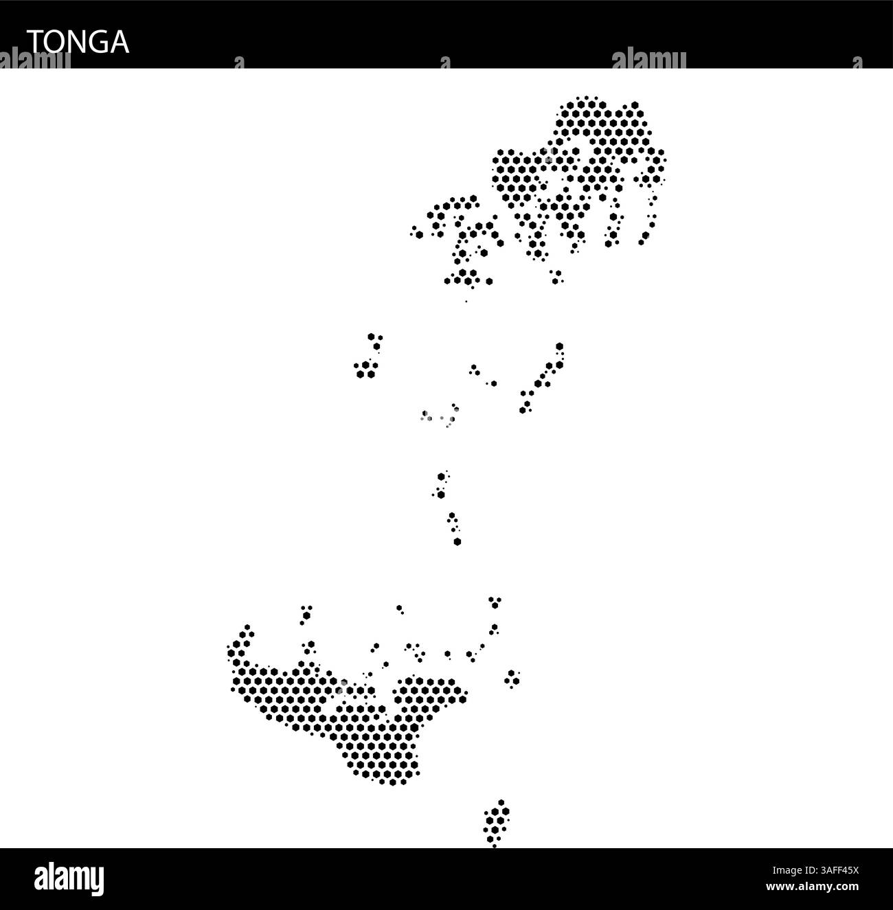Un dettagliato schema a punti delinea le isole di Tonga, sottolineando la sua particolare geografia e disposizione nell'Oceano Pacifico meridionale. Illustrazione Vettoriale
