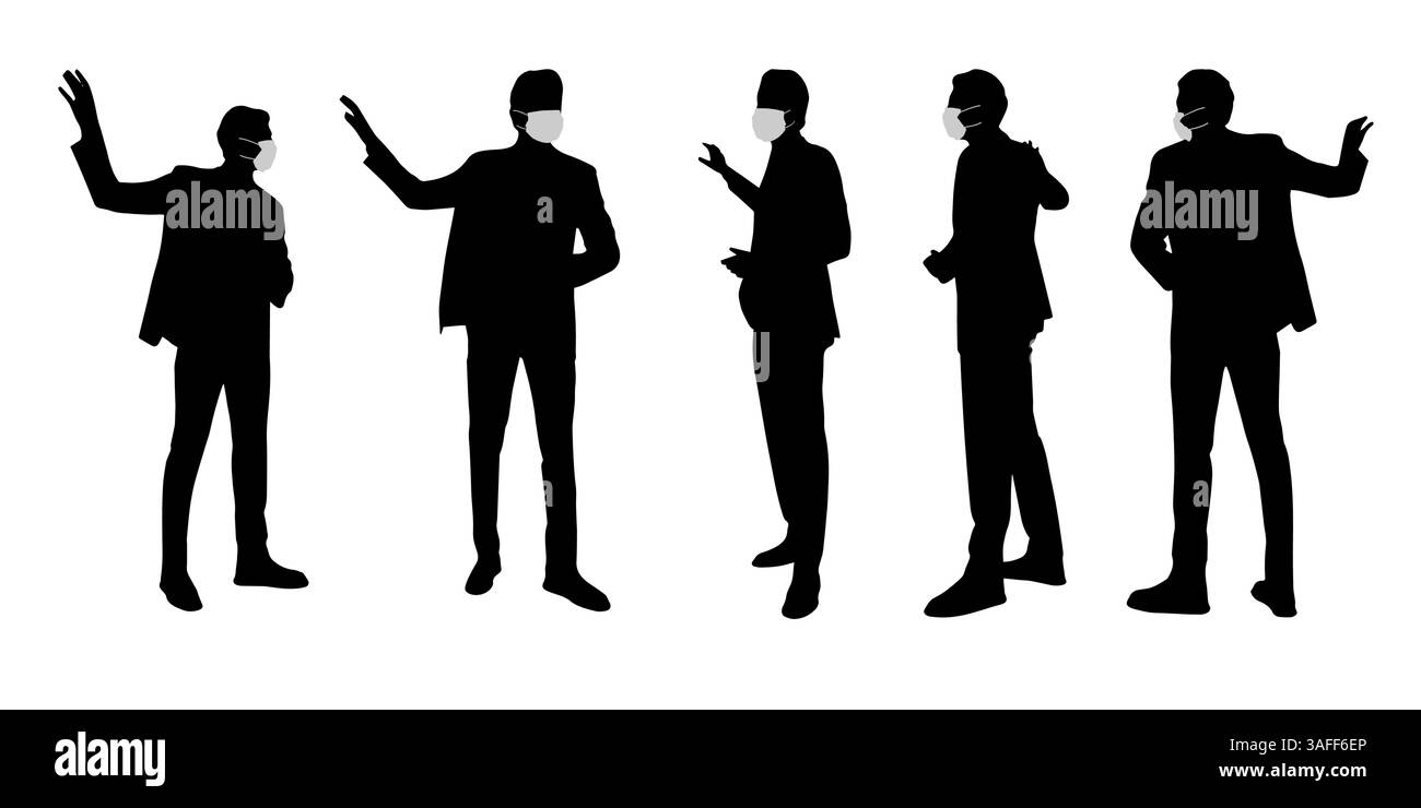 Concetto di vettore sagoma concettuale uomini che parlano mentre distanziano sociale come mezzo di prevenzione e protezione contro la contaminazione da coronavirus Illustrazione Vettoriale
