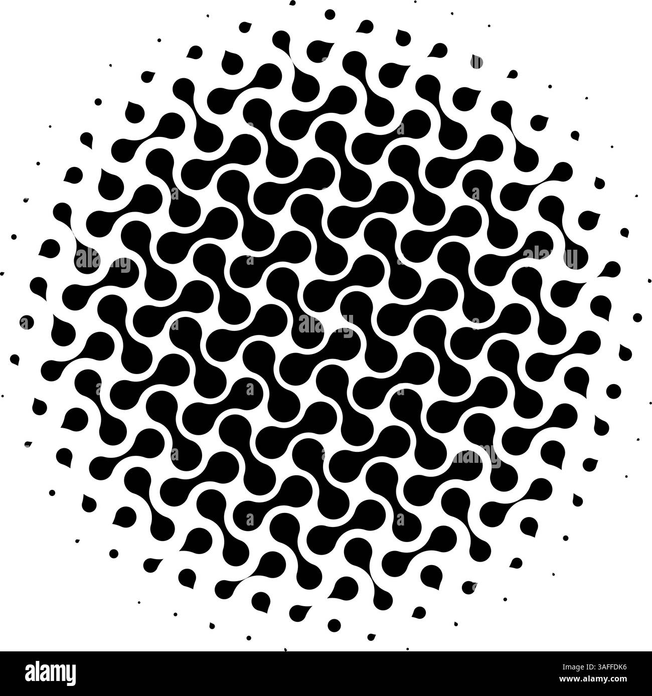 Un complesso pattern di forme a incastro riempie uno spazio circolare, creando un effetto visivo sorprendente con forti contrasti. Illustrazione Vettoriale