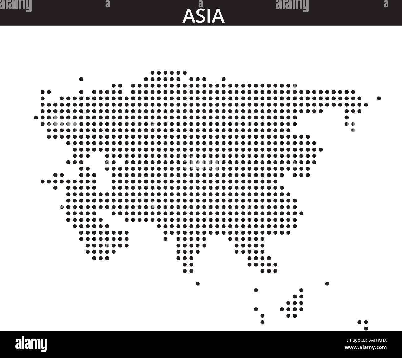 Una mappa a punti delinea i confini geografici dell'Asia, evidenziando regioni e paesi diversi. Illustrazione Vettoriale
