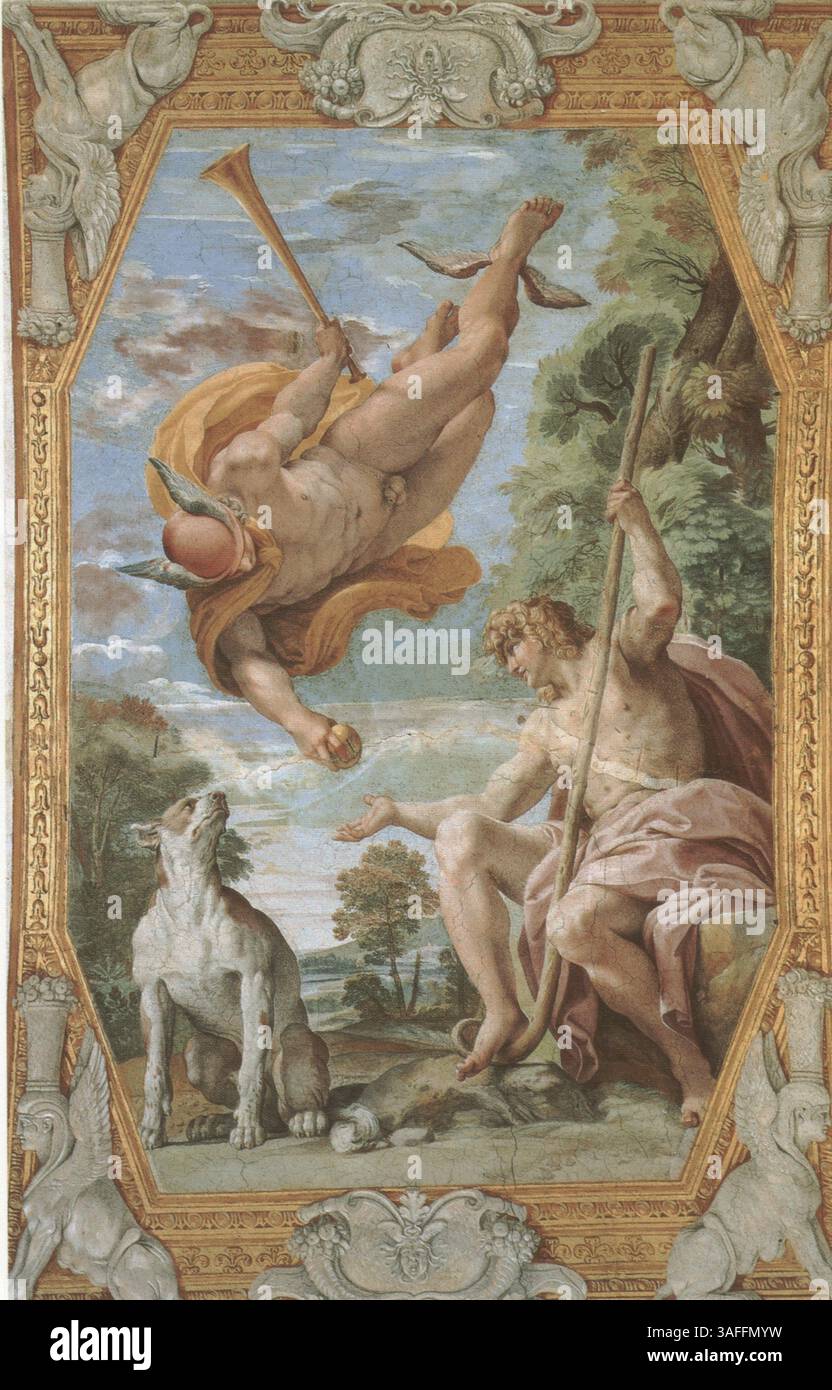 Mercurio consegna la mela di discordia che precede il giudizio di Parigi (Libro degli Eroidi di Ovidio - mercurio consegna la mela di discordia che precede il giudizio di Parigi (Libro degli Eroidi di Ovidio - gli amori degli dei è un ciclo monumentale di affreschi, completato dall'artista bolognese Annibale Carracci e dal suo studio, nella Galleria Farnese che si trova nell'ala ovest di Palazzo Farnese, ora Ambasciata di Francia, a Roma. Foto Stock