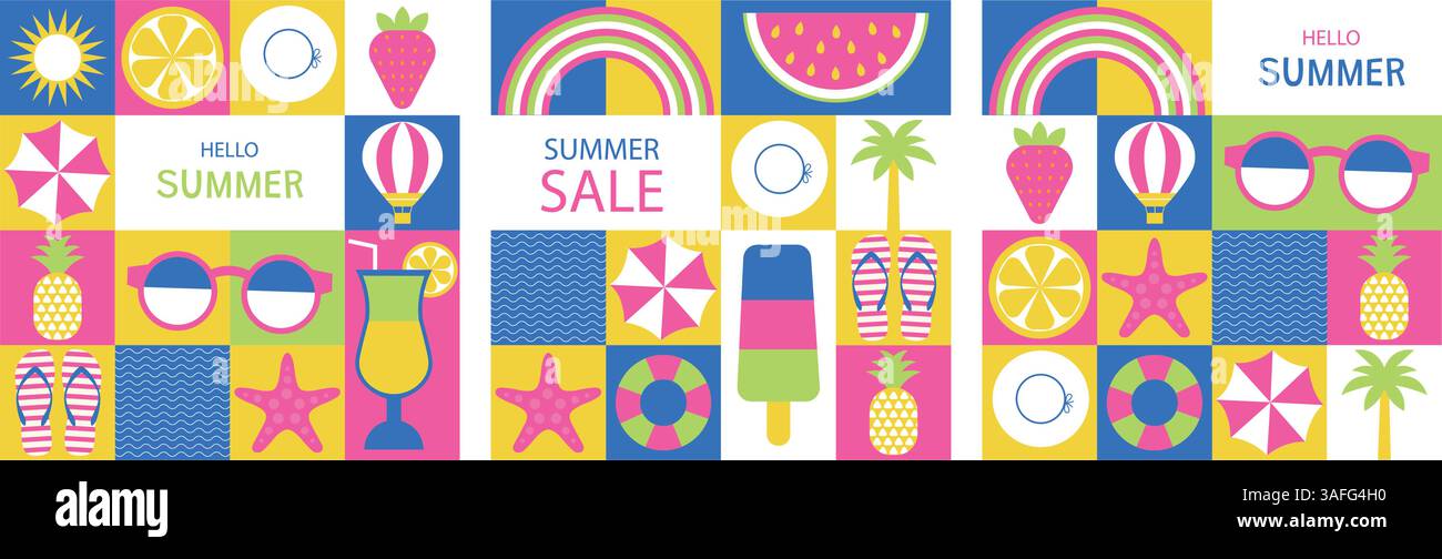 Set di poster estivi, banner, cartelloni, storie di social media, modelli di design geometrico. Illustrazione Vettoriale