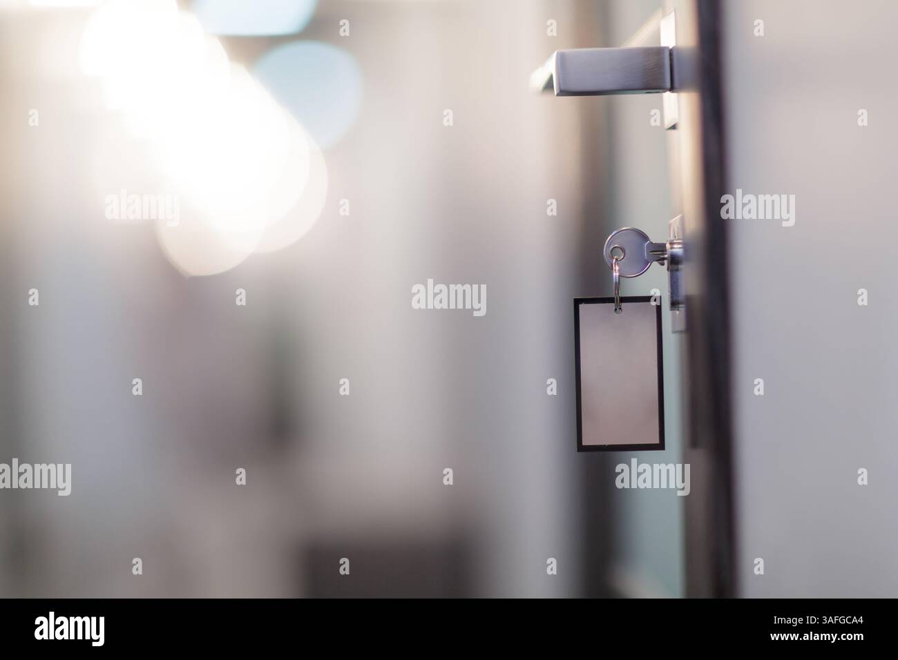 Primo piano di una chiave inserita in una moderna serratura porta con etichetta chiave vuota, che simboleggia la sicurezza e l'accesso. Foto Stock