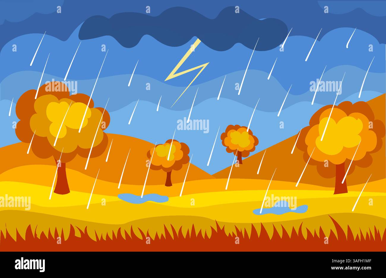 Un colorato paesaggio autunnale presenta alberi stilizzati con foglie d'arancio, pioggia che cade da una nuvola scura e fulmini che colpiscono il cielo blu Illustrazione Vettoriale