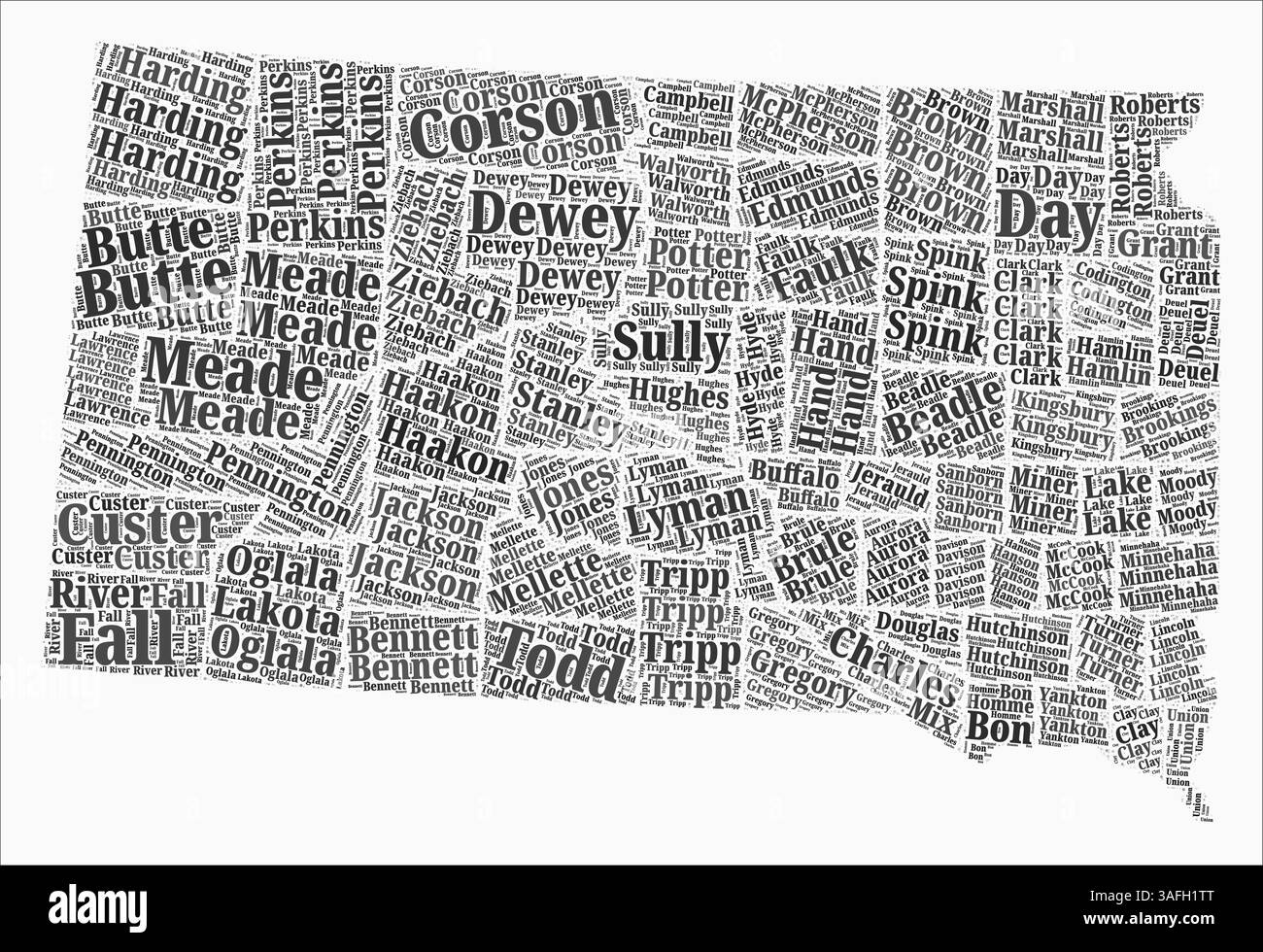 Contee in stile testo del South Dakota. La regione di stato nomina nuvole di parole in lingua inglese. Illustrazione vettoriale artistica. Illustrazione Vettoriale