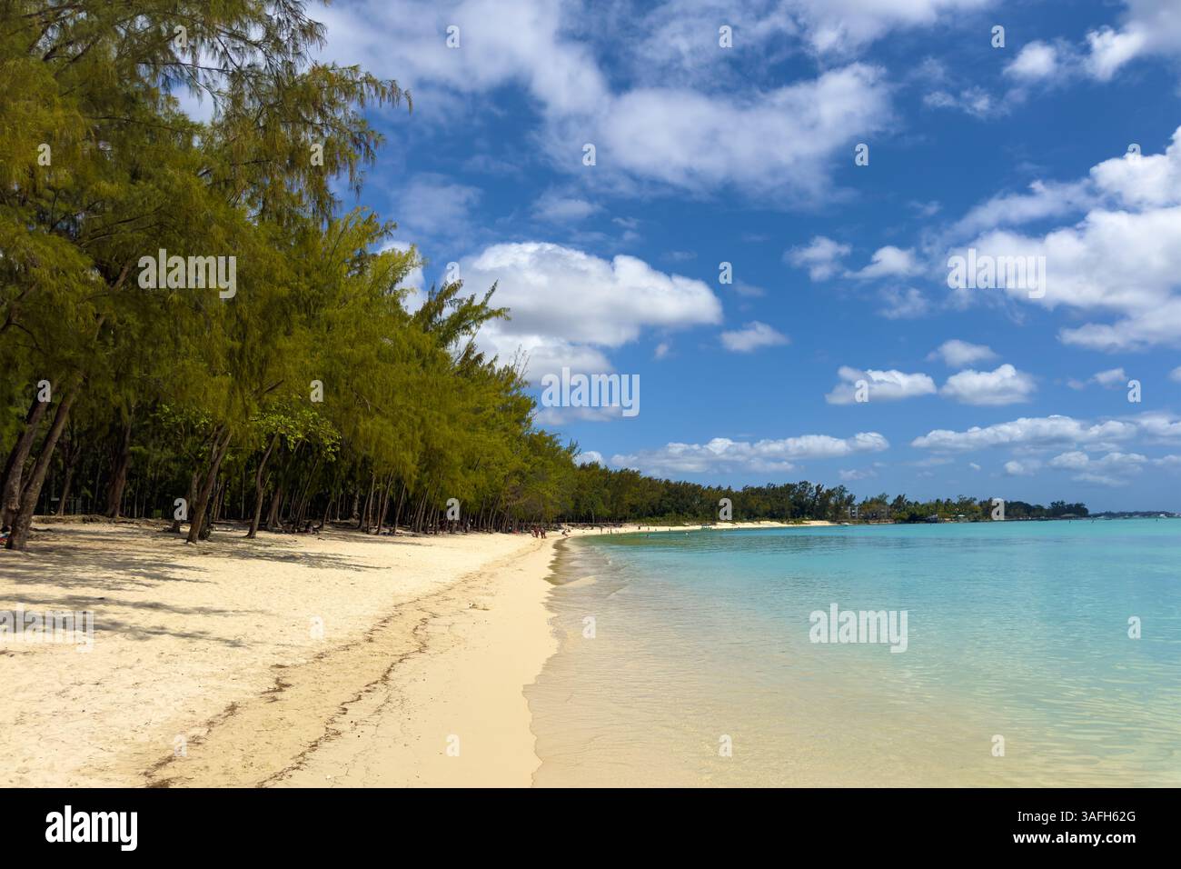 Splendida spiaggia tropicale di Mont Choisy, isola Mauritius nell'oceano indiano, sfondo blu nuvoloso Foto Stock