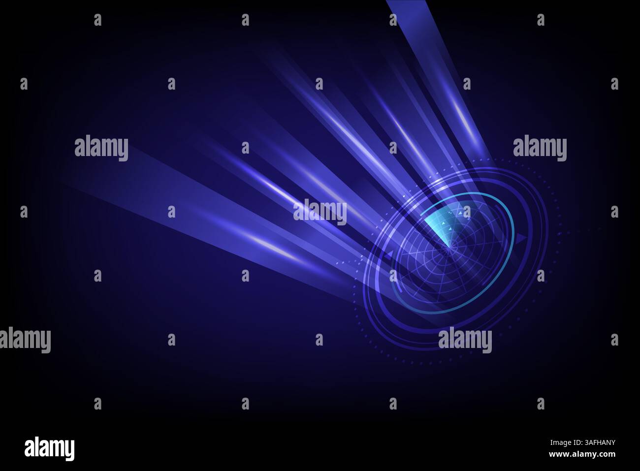 Concetto di tecnologia astratta triangolo di prospettiva radar e fascio di scansione con linea circolare blu bagliore luminoso, illustrazione vettoriale Illustrazione Vettoriale