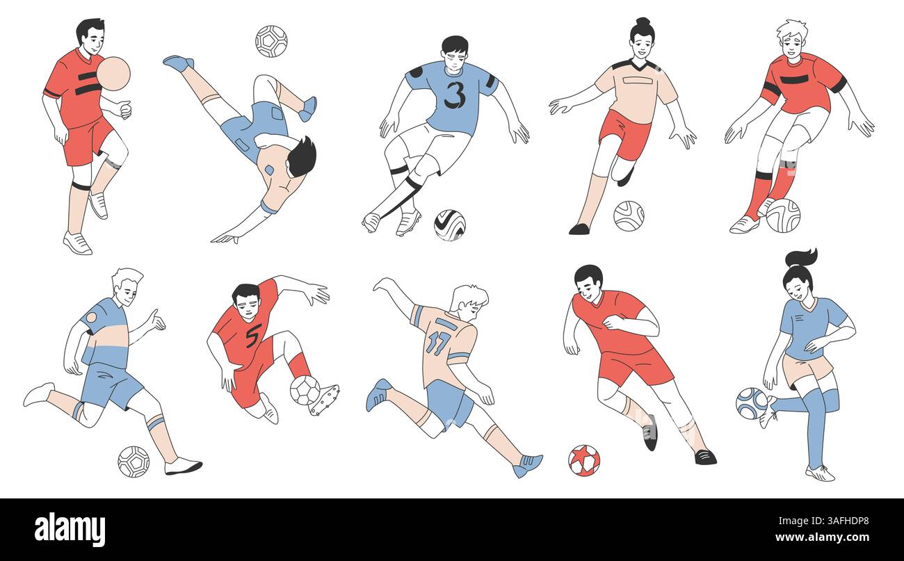 Giocatori di calcio. Calcio di calcio, gioca i personaggi in uniforme sportiva. Portiere ragazzo, uomo e uomo in posa diversa, palle da calcio, porta da kickball te Illustrazione Vettoriale