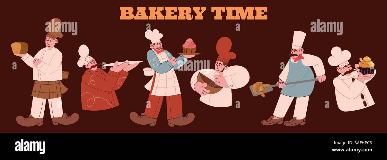 Pasticceria. Panettiere con pane, personaggi in una dolce bottega di dolci. Uomo retrò chef con grembiule prepara torte, deliziose pasticcerie e biscotti, persone cuociono cibo. Doodle vettoriali, illustrazione piatta in stile cartone animato isolata Illustrazione Vettoriale