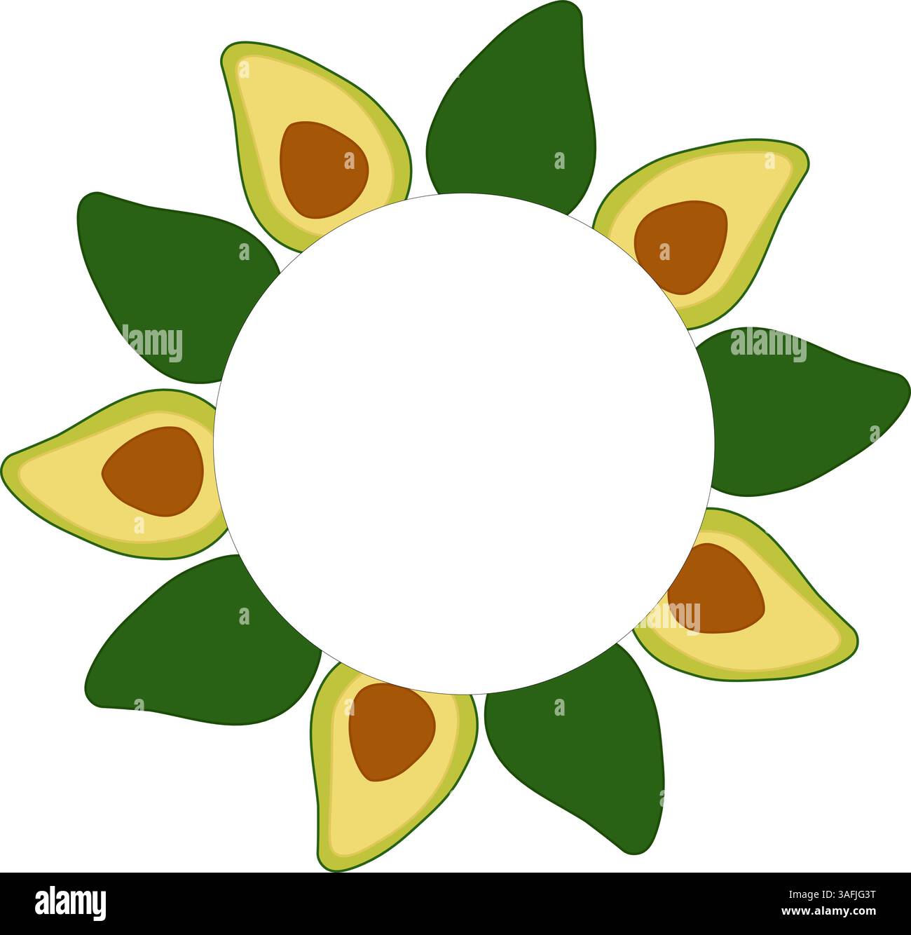 Telaio rotondo Vector avocado. Modello piatto per striscioni, stampa per tessuti, etichette, stampa di t-shirt. Mangiate verde Illustrazione Vettoriale