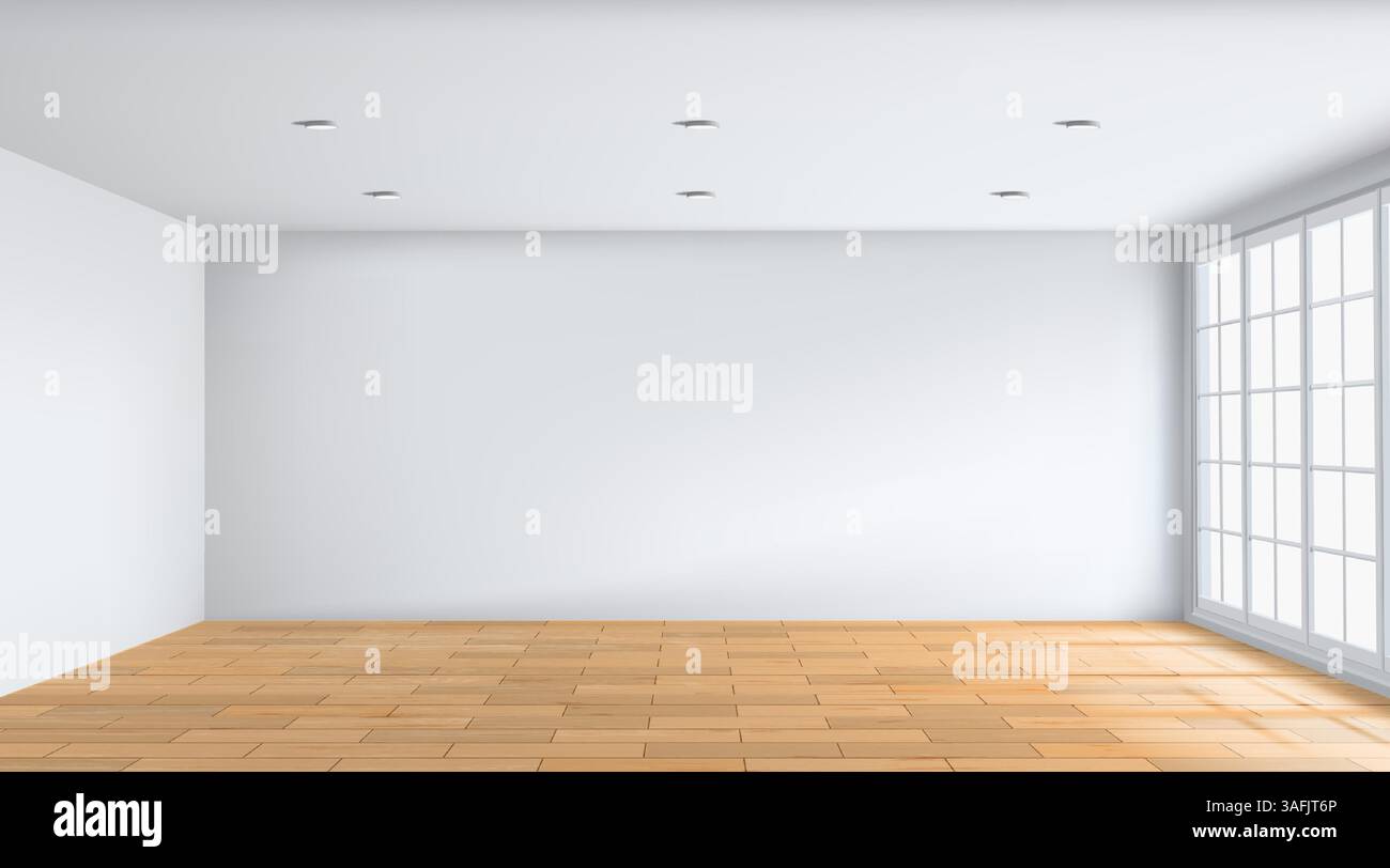 Pavimento in legno. Camera vuota con pareti bianche. Interni dell'appartamento 3D. Plafoniera. Parquet in legno. Casa realistica. Luce dalla finestra principale. Architettura moderna Illustrazione Vettoriale