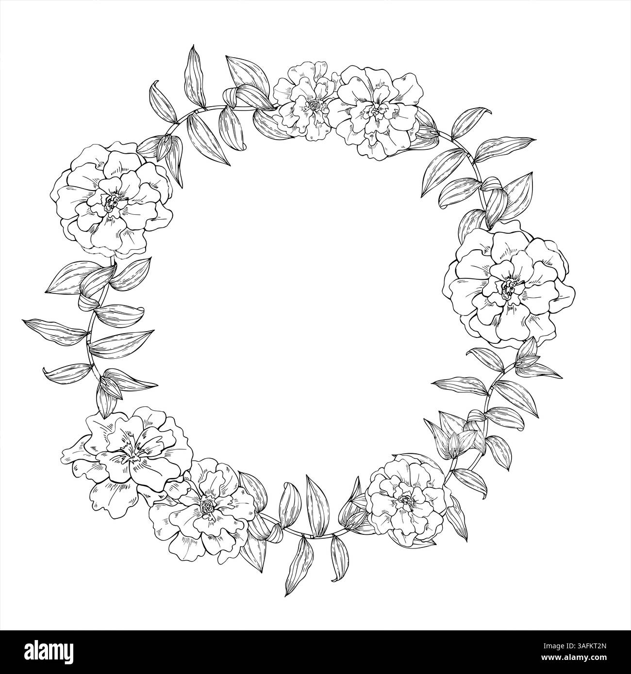 Fiori di calendula vettoriale monocromatici con foglie di trade scantia corona in stile lineare a inchiostro nero. Fiori in fiore cornice rotonda con spazio di copia per il testo. Illustrazione Vettoriale